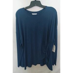 Time and Tru Long Sleeve Top Shirt Blouse Blue Ruching Work Casual
